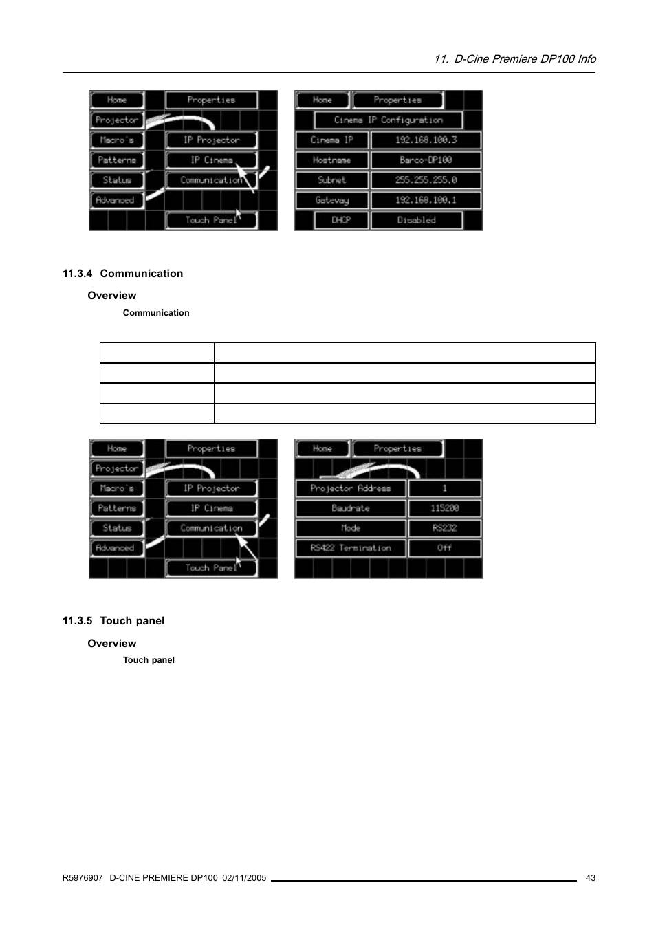 4 communication, 5 touch panel, 43 11.3.5 touch panel | Communication, Touch panel, D-cine premiere dp100 info | Barco R9010111 User Manual | Page 47 / 51