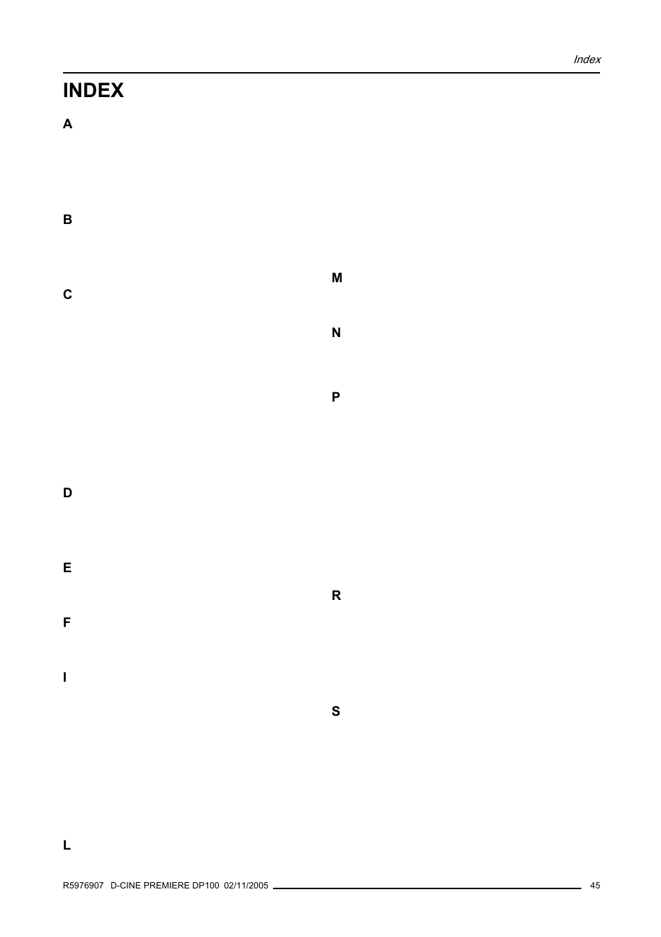 Index | Barco R9010111 User Manual | Page 49 / 51