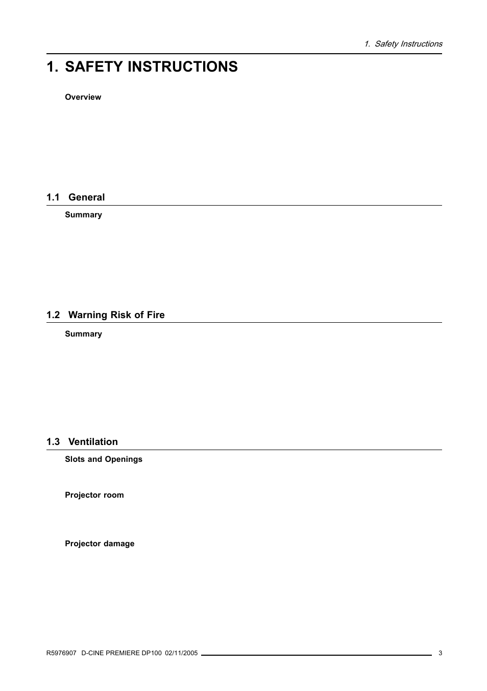 Safety instructions, 1 general, 2 warning risk of fire | 3 ventilation, General, Warning risk of fire, Ventilation | Barco R9010111 User Manual | Page 7 / 51