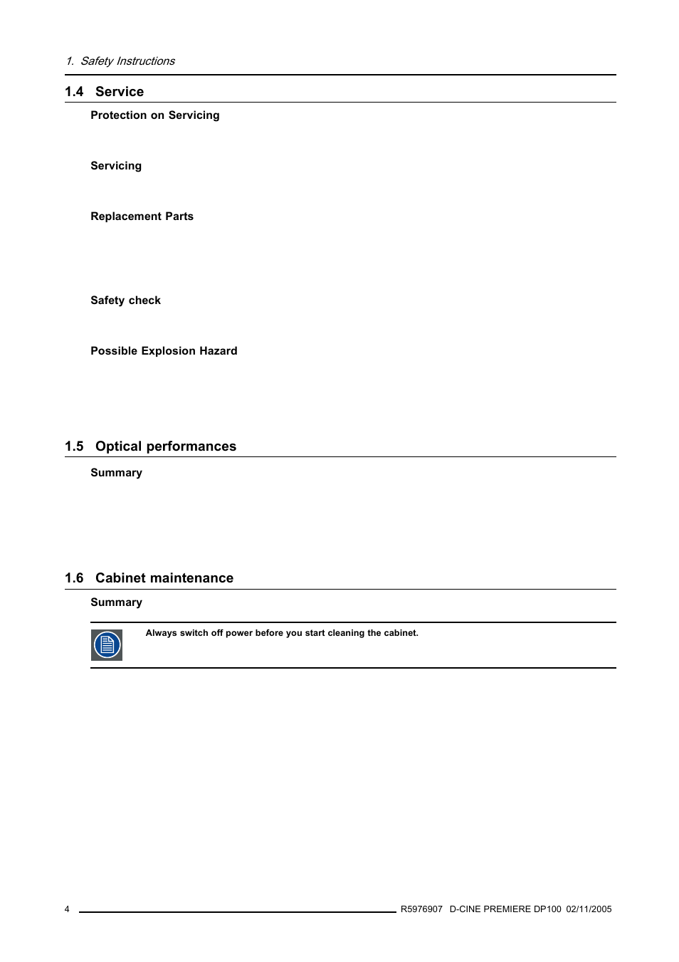 4 service, 5 optical performances, 6 cabinet maintenance | Service, Optical performances, Cabinet maintenance | Barco R9010111 User Manual | Page 8 / 51