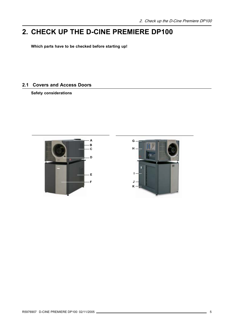 Check up the d-cine premiere dp100, 1 covers and access doors, Covers and access doors | Barco R9010111 User Manual | Page 9 / 51