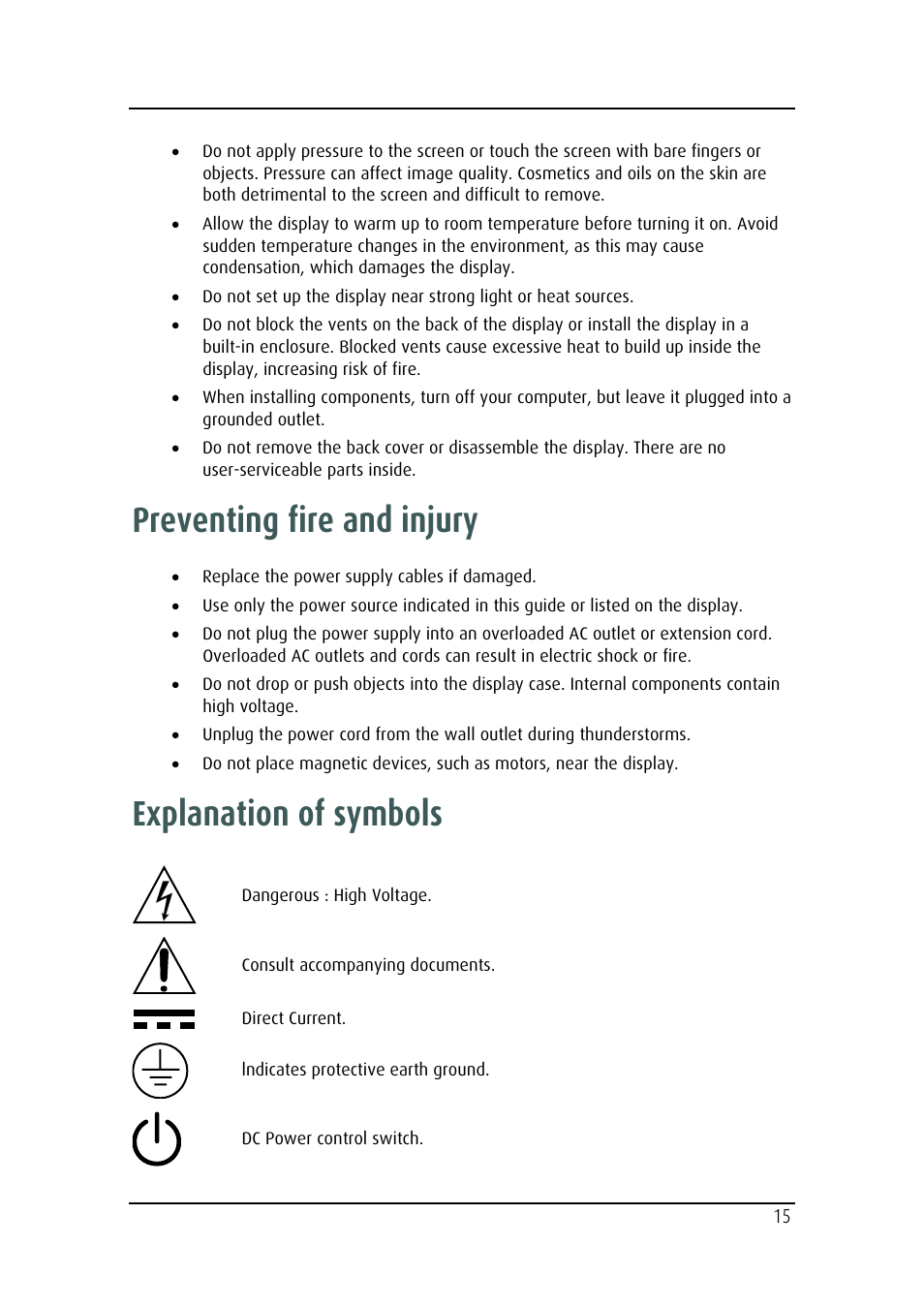 Preventing fire and injury, Explanation of symbols | Barco MD-4221 User Manual | Page 15 / 48