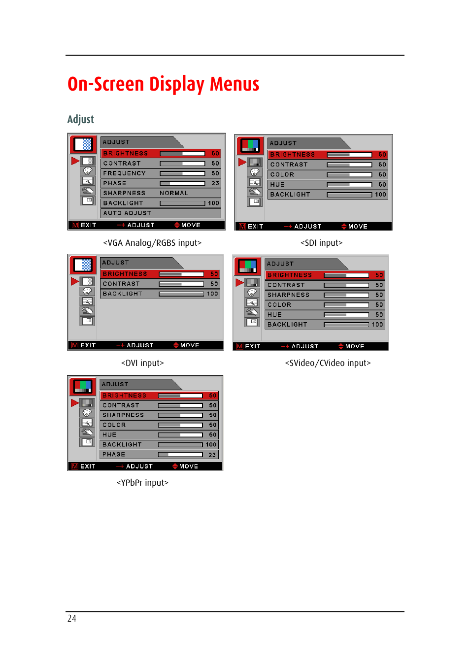 On-screen display menus | Barco MD-4221 User Manual | Page 24 / 48