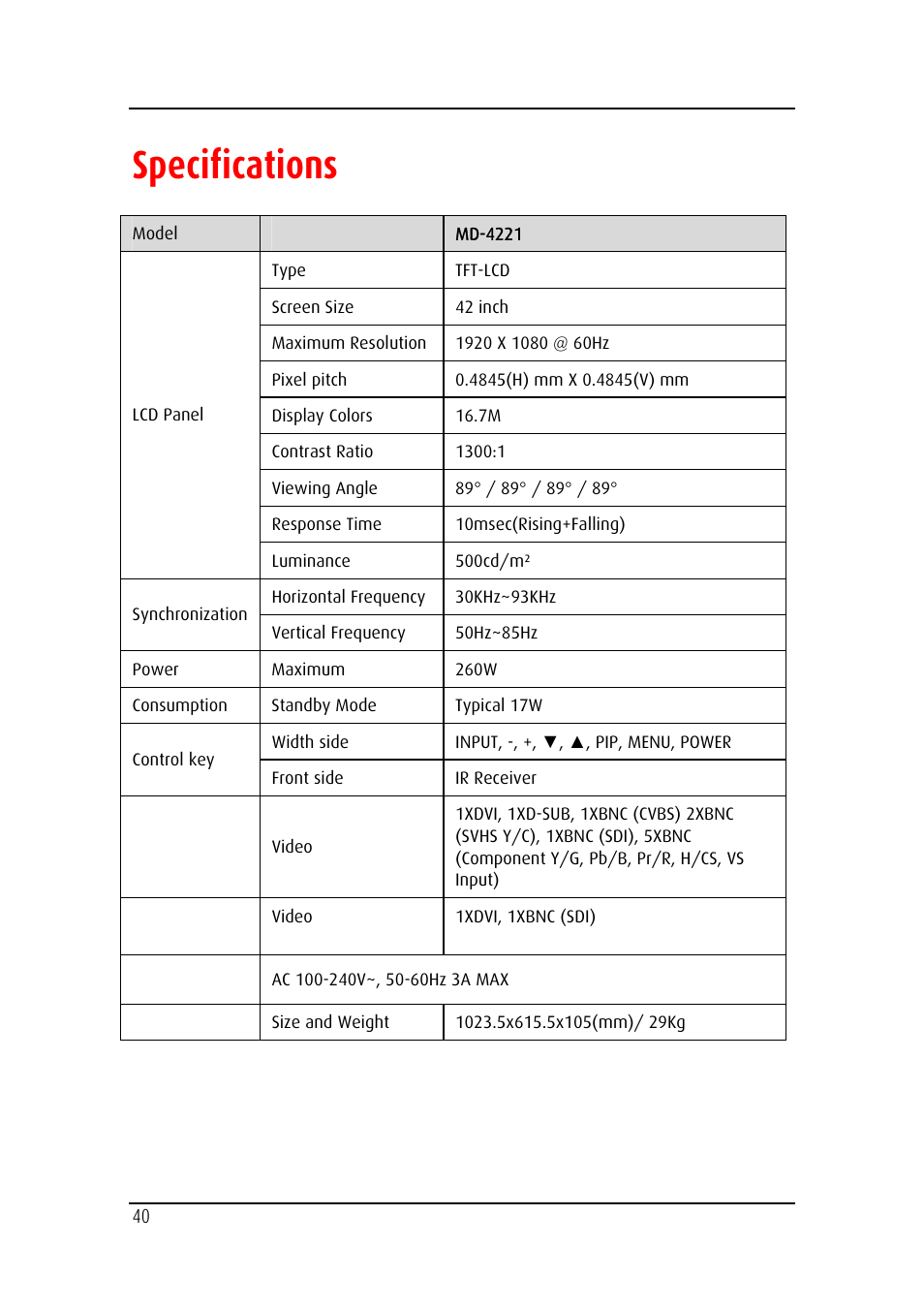 Specifications | Barco MD-4221 User Manual | Page 40 / 48