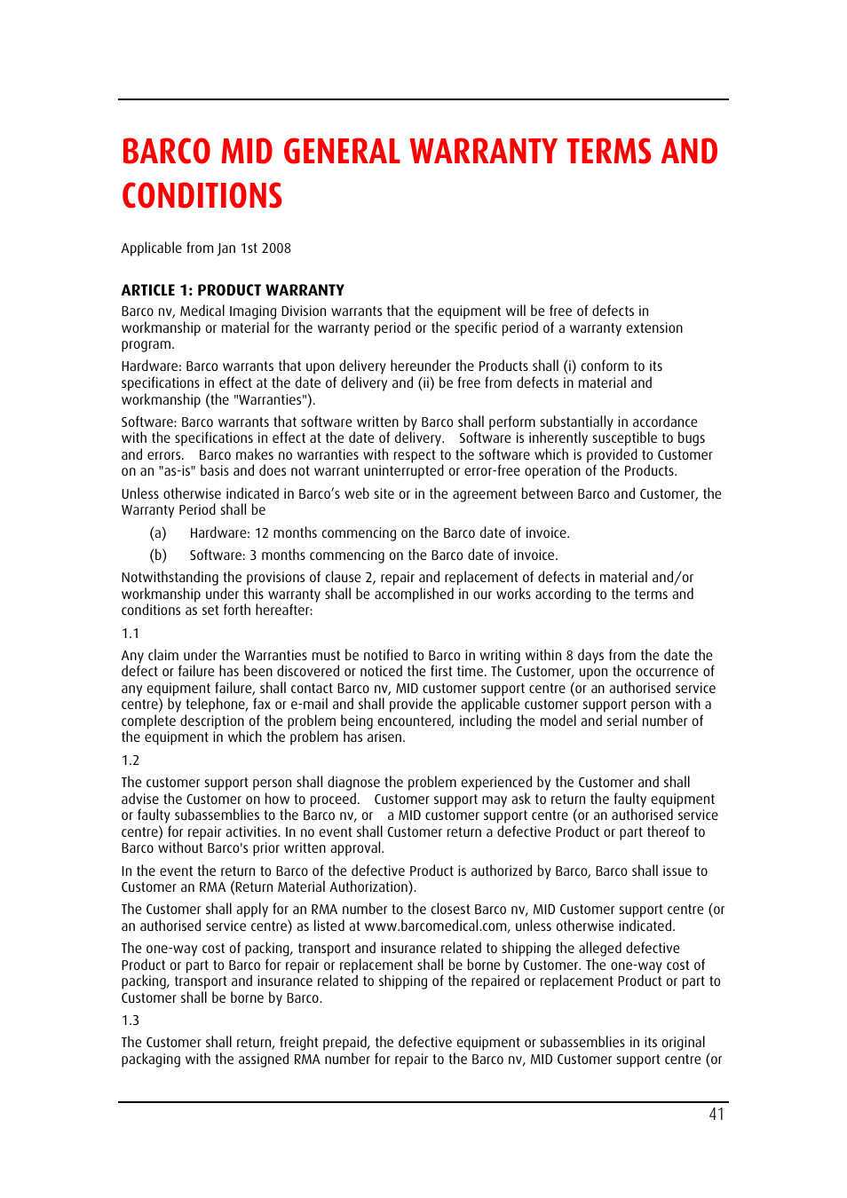Barco mid general warranty terms and conditions | Barco MD-4221 User Manual | Page 41 / 48