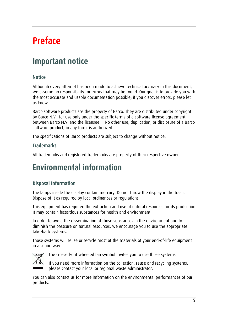 Preface, Important notice, Environmental information | Barco MD-4221 User Manual | Page 5 / 48