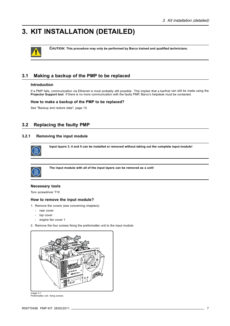 Kit installation (detailed), 1 making a backup of the pmp to be replaced, 2 replacing the faulty pmp | 1 removing the input module, Making a backup of the pmp to be replaced, Replacing the faulty pmp, Removing the input module | Barco GALAXY NW-12 User Manual | Page 11 / 35