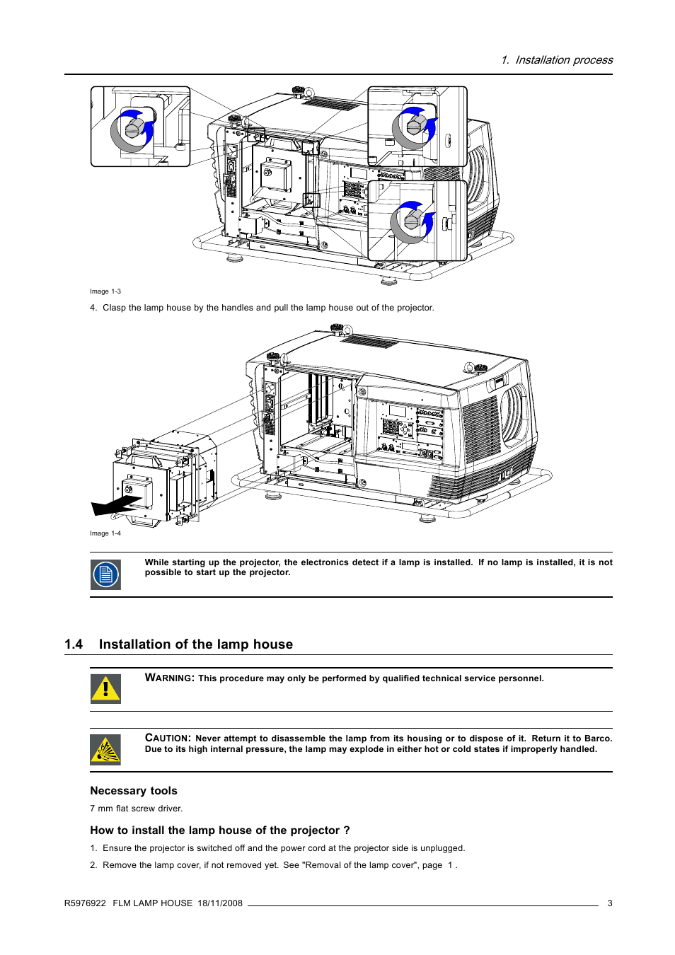 4 installation of the lamp house, Installation of the lamp house | Barco FLM LAMP HOUSE R5976922/03 User Manual | Page 5 / 7