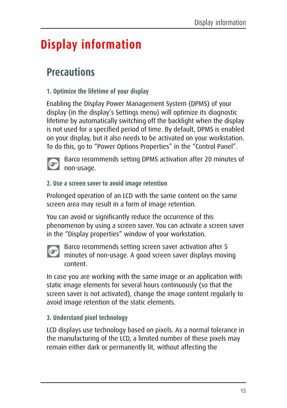 Display information, Precautions | Barco Nio Fusion 4MP User Manual | Page 15 / 35