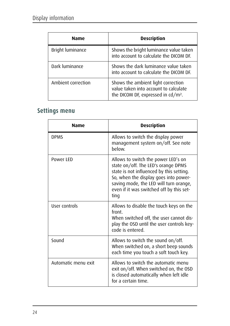 Settings menu, Display information | Barco Nio Fusion 4MP User Manual | Page 24 / 35