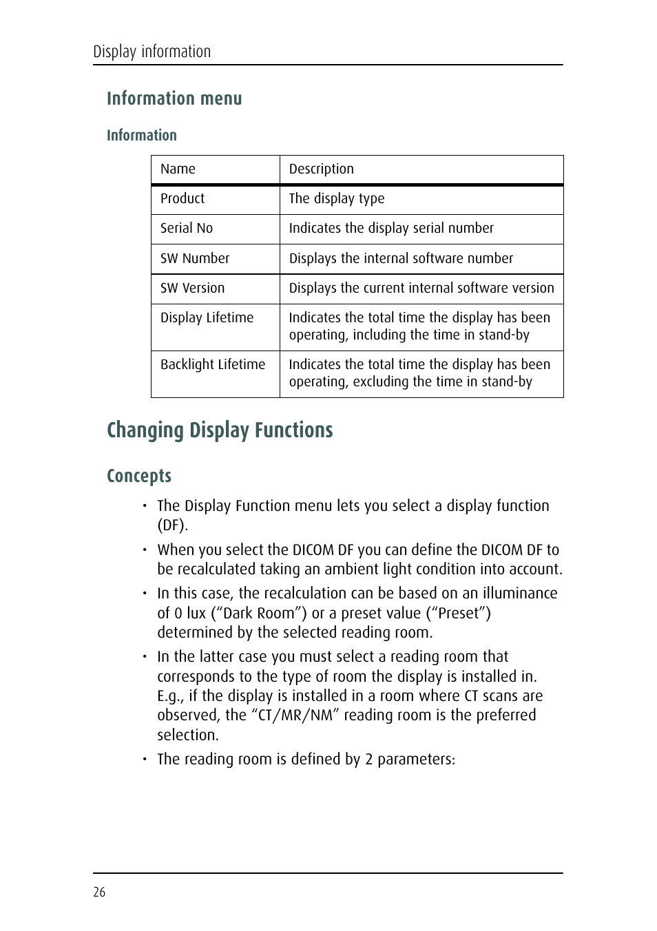Changing display functions, Information menu, Concepts | Barco Nio Fusion 4MP User Manual | Page 26 / 35