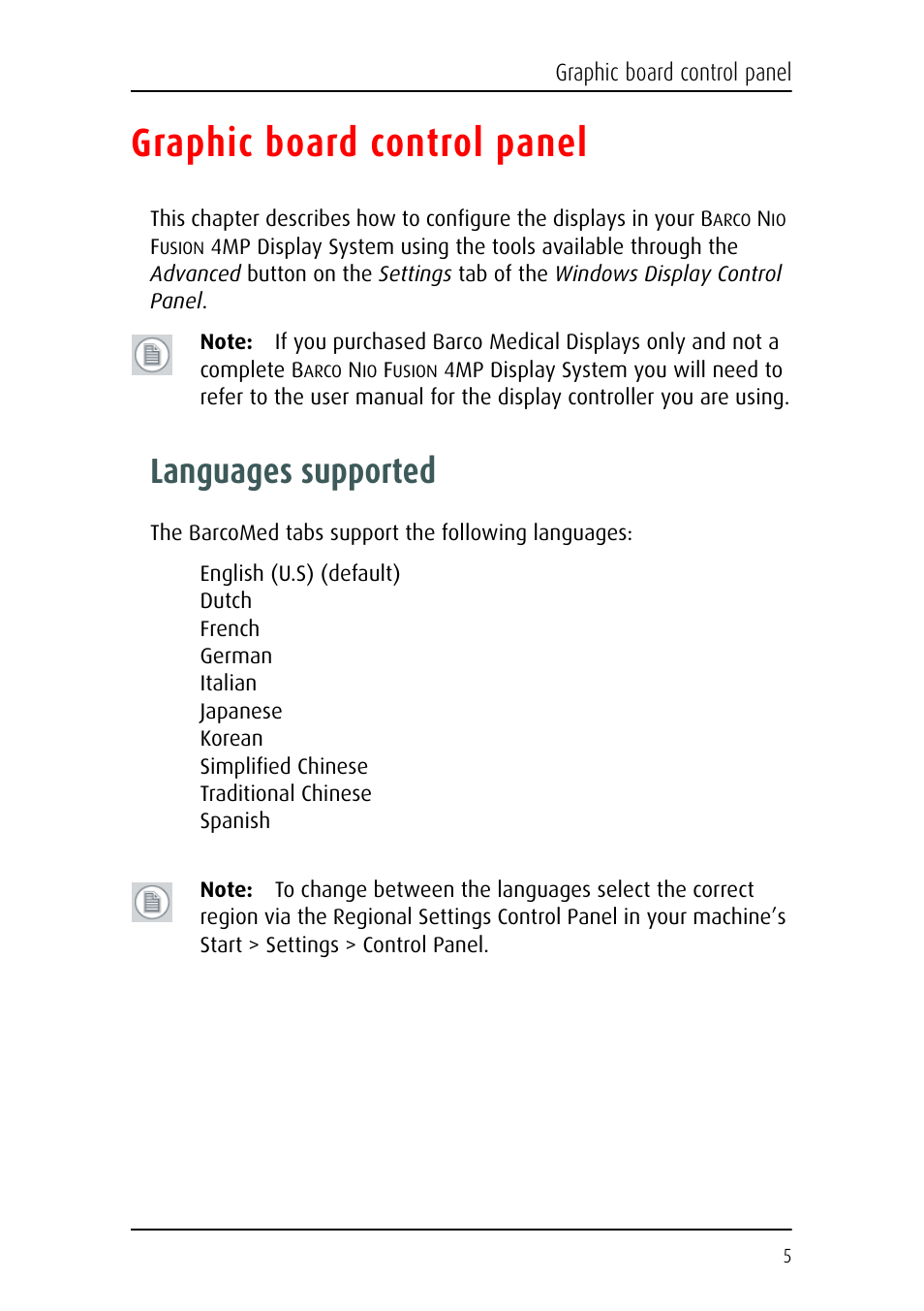 Graphic board control panel, Languages supported | Barco Nio Fusion 4MP User Manual | Page 5 / 35