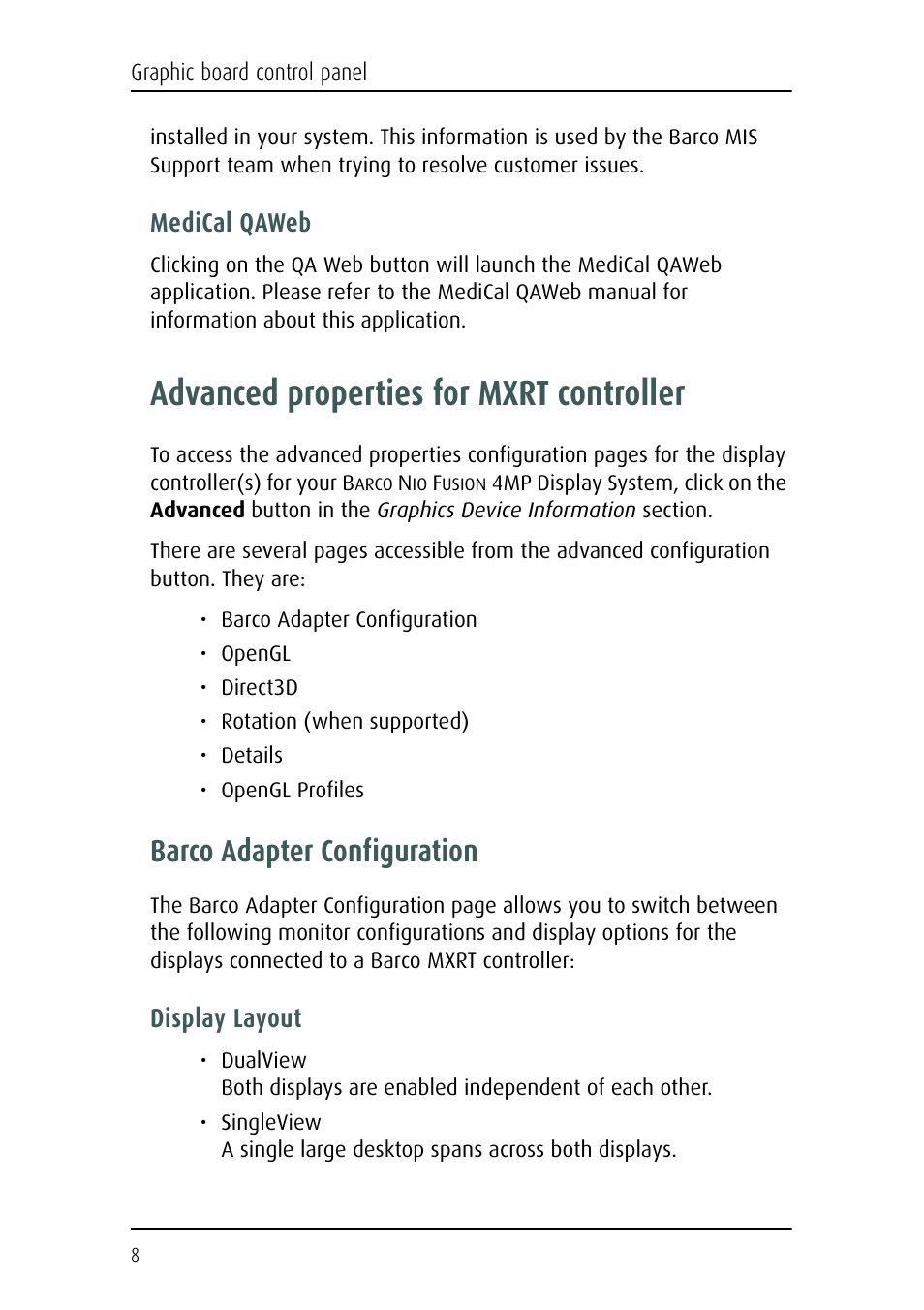 Advanced properties for mxrt controller, Barco adapter configuration, Medical qaweb | Display layout | Barco Nio Fusion 4MP User Manual | Page 8 / 35