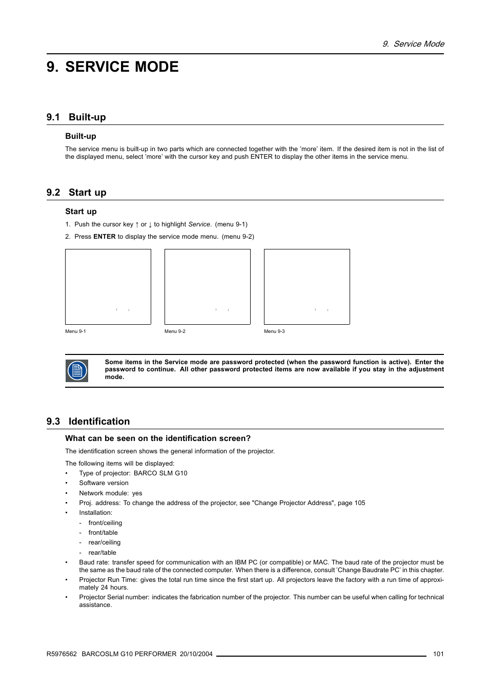 Service mode, 1 built-up, 2 start up | 3 identification, Built-up, Start up, Identification, What can be seen on the identification screen | Barco R5976562 User Manual | Page 105 / 135