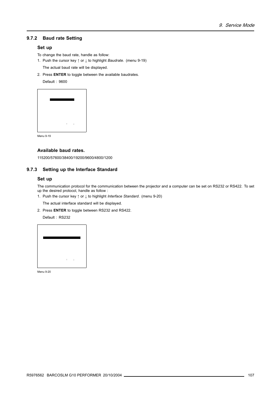 2 baud rate setting, 3 setting up the interface standard, Baud rate setting | Setting up the interface standard, Service mode, 2 baud rate setting set up, Available baud rates, 3 setting up the interface standard set up | Barco R5976562 User Manual | Page 111 / 135