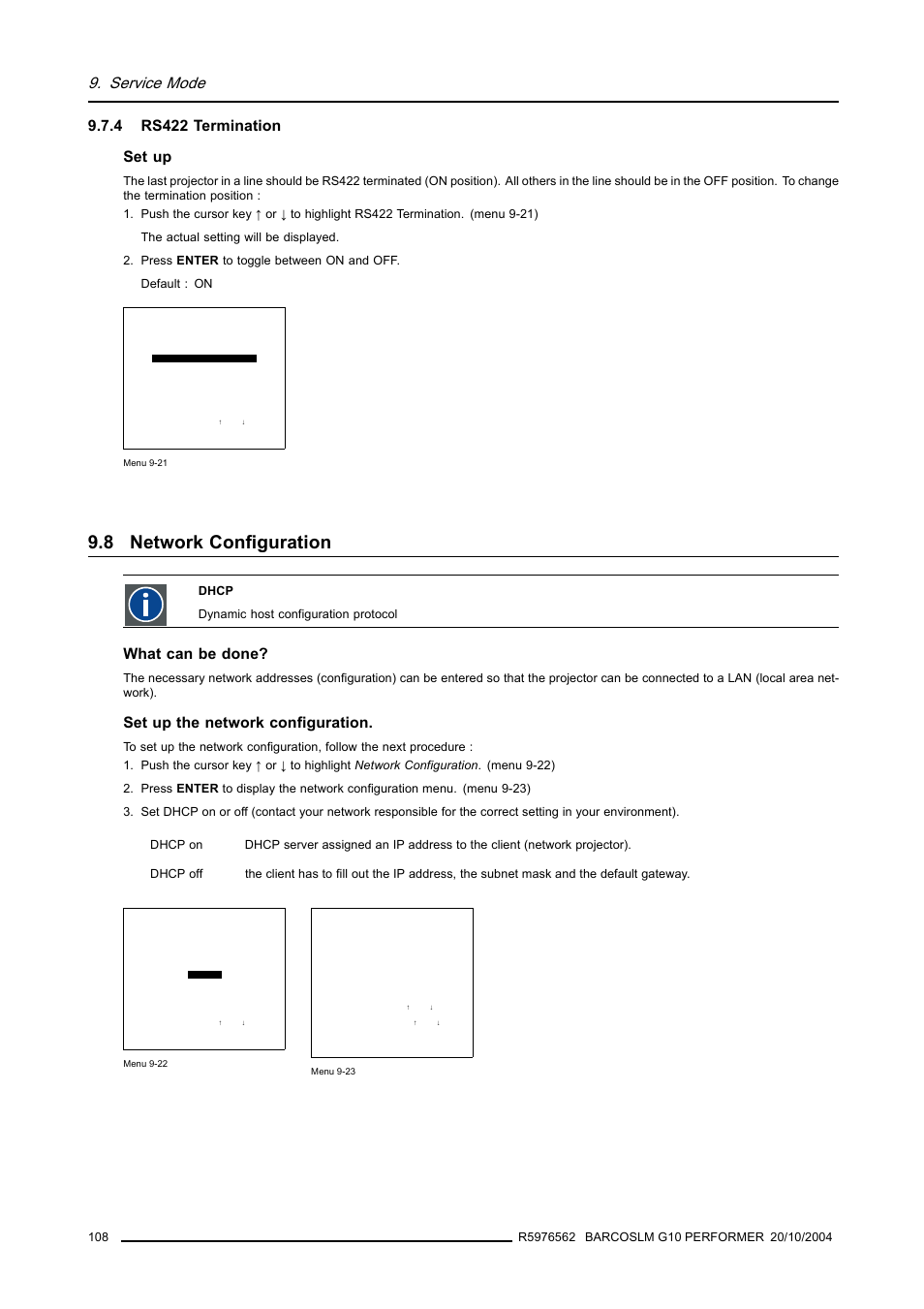 4 rs422 termination, 8 network configuration, Rs422 termination | Network configuration, Service mode, 4 rs422 termination set up, What can be done, Set up the network configuration | Barco R5976562 User Manual | Page 112 / 135