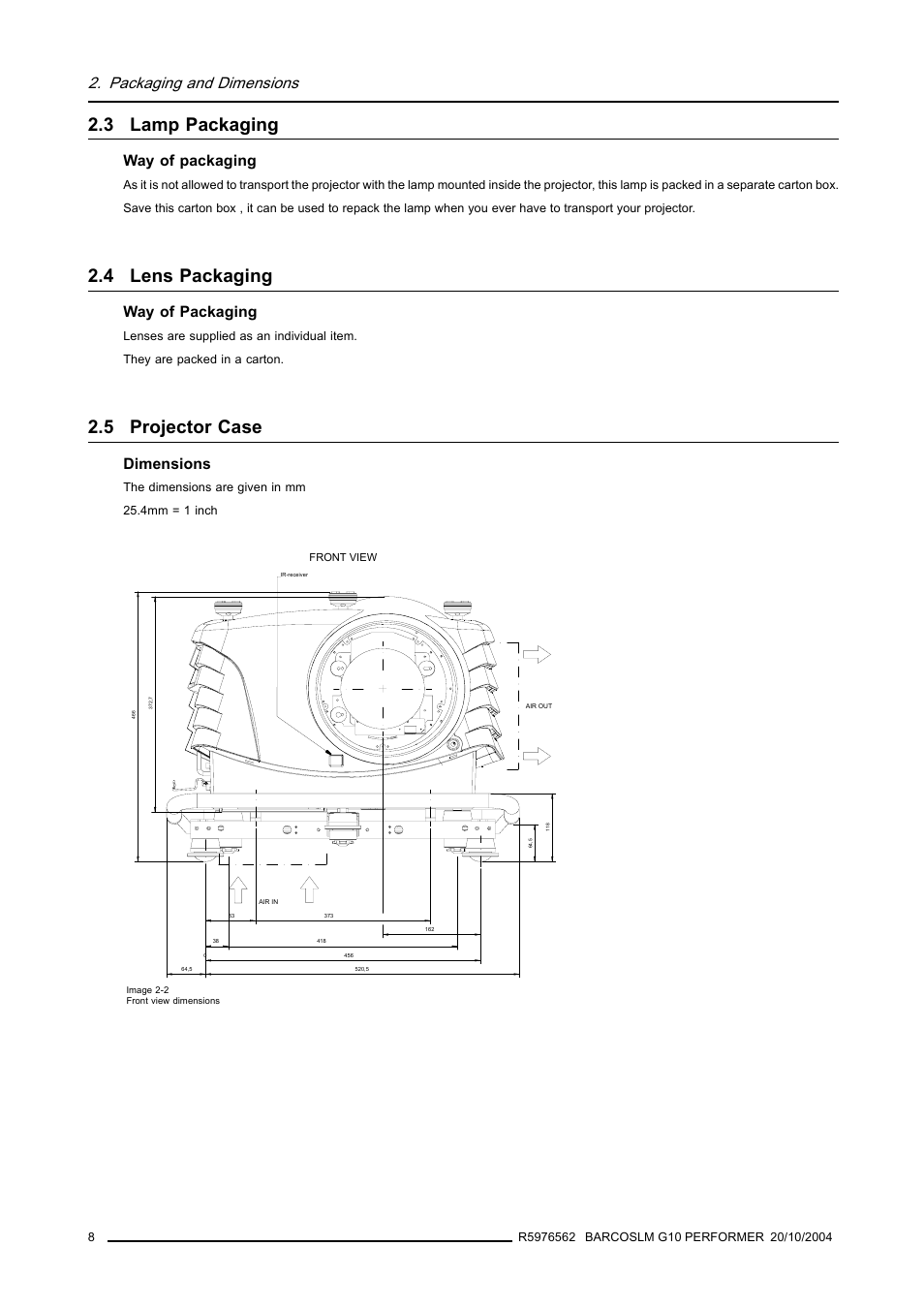 3 lamp packaging, 4 lens packaging, 5 projector case | Lamp packaging, Lens packaging, Projector case, Packaging and dimensions, Way of packaging, Dimensions | Barco R5976562 User Manual | Page 12 / 135