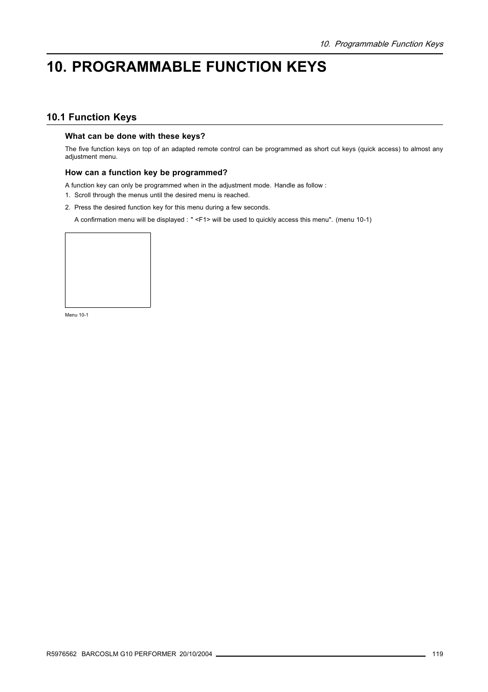 Programmable function keys, 1 function keys | Barco R5976562 User Manual | Page 123 / 135