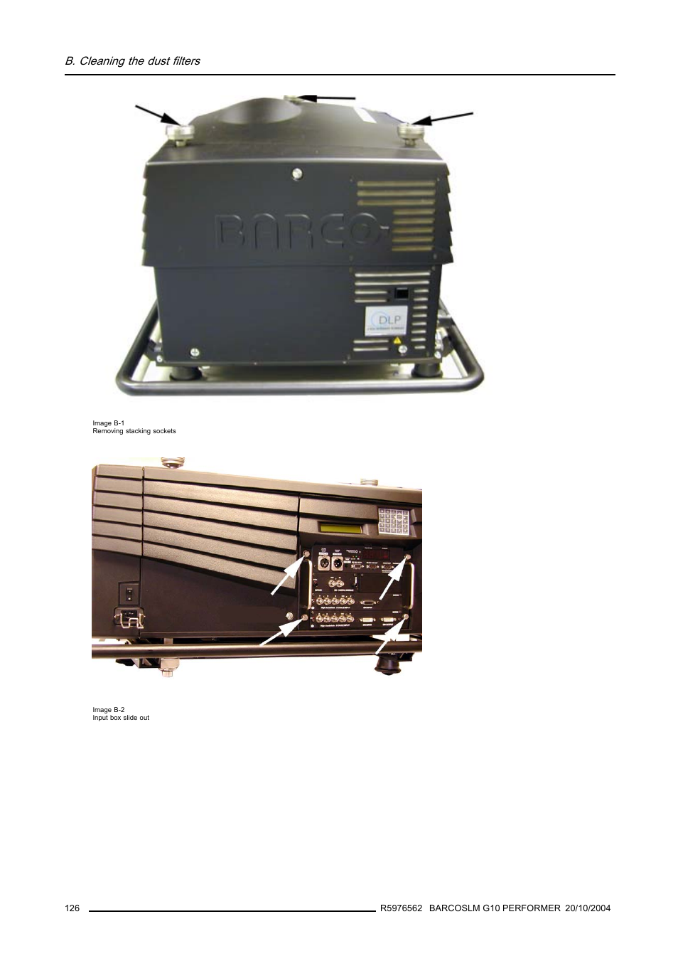 Image b-1), Image b-2), B. cleaning the dust filters | Barco R5976562 User Manual | Page 130 / 135