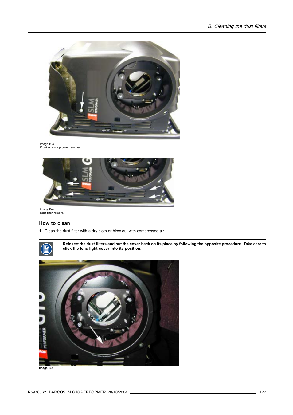 Image b-3), Image b-4), B. cleaning the dust filters | Barco R5976562 User Manual | Page 131 / 135