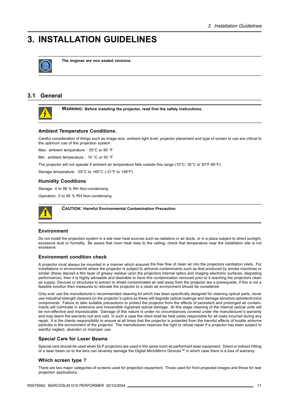 Installation guidelines, 1 general, General | Barco R5976562 User Manual | Page 15 / 135