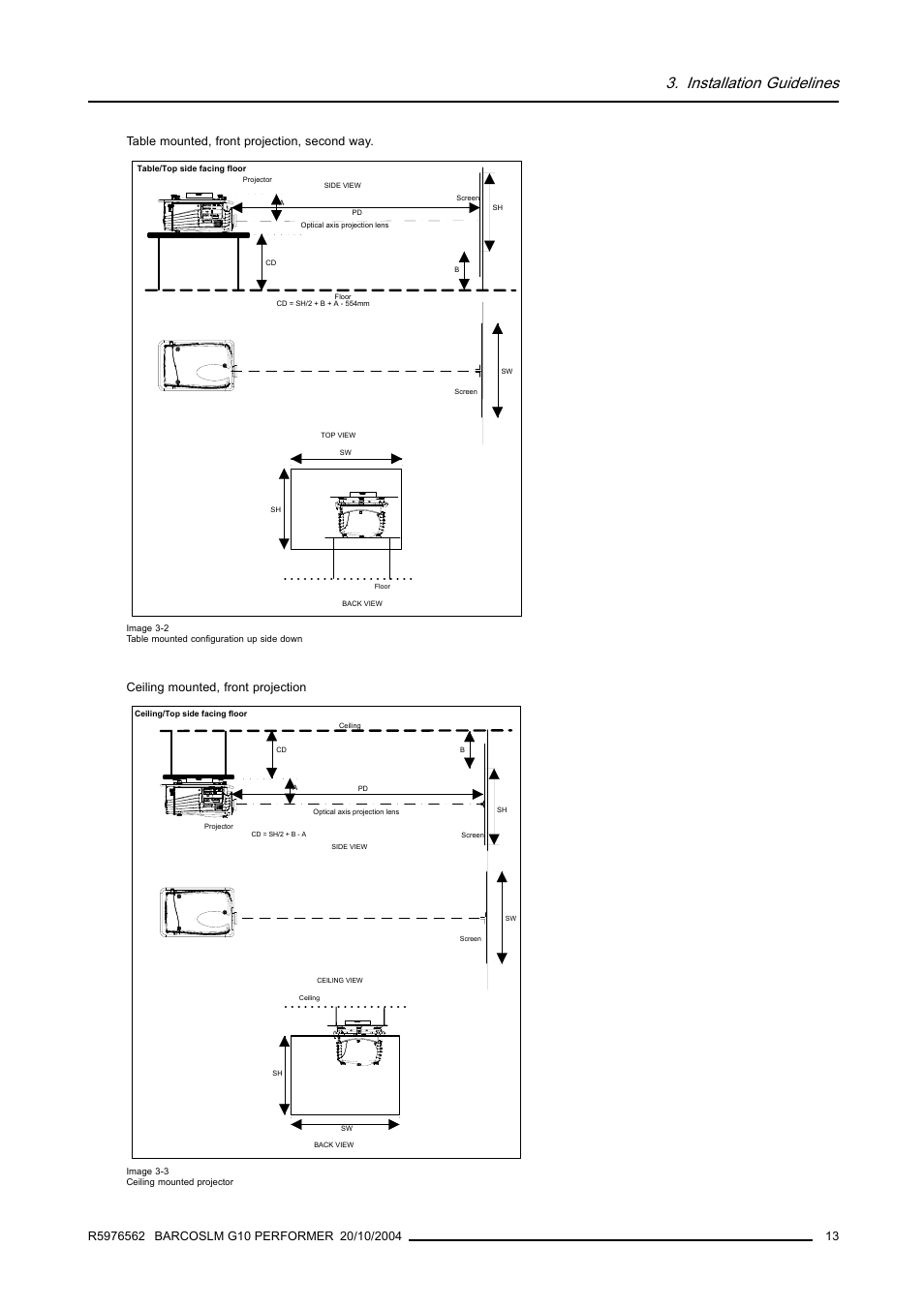 Installation guidelines, Table mounted, front projection, second way, Ceiling mounted, front projection | Barco R5976562 User Manual | Page 17 / 135