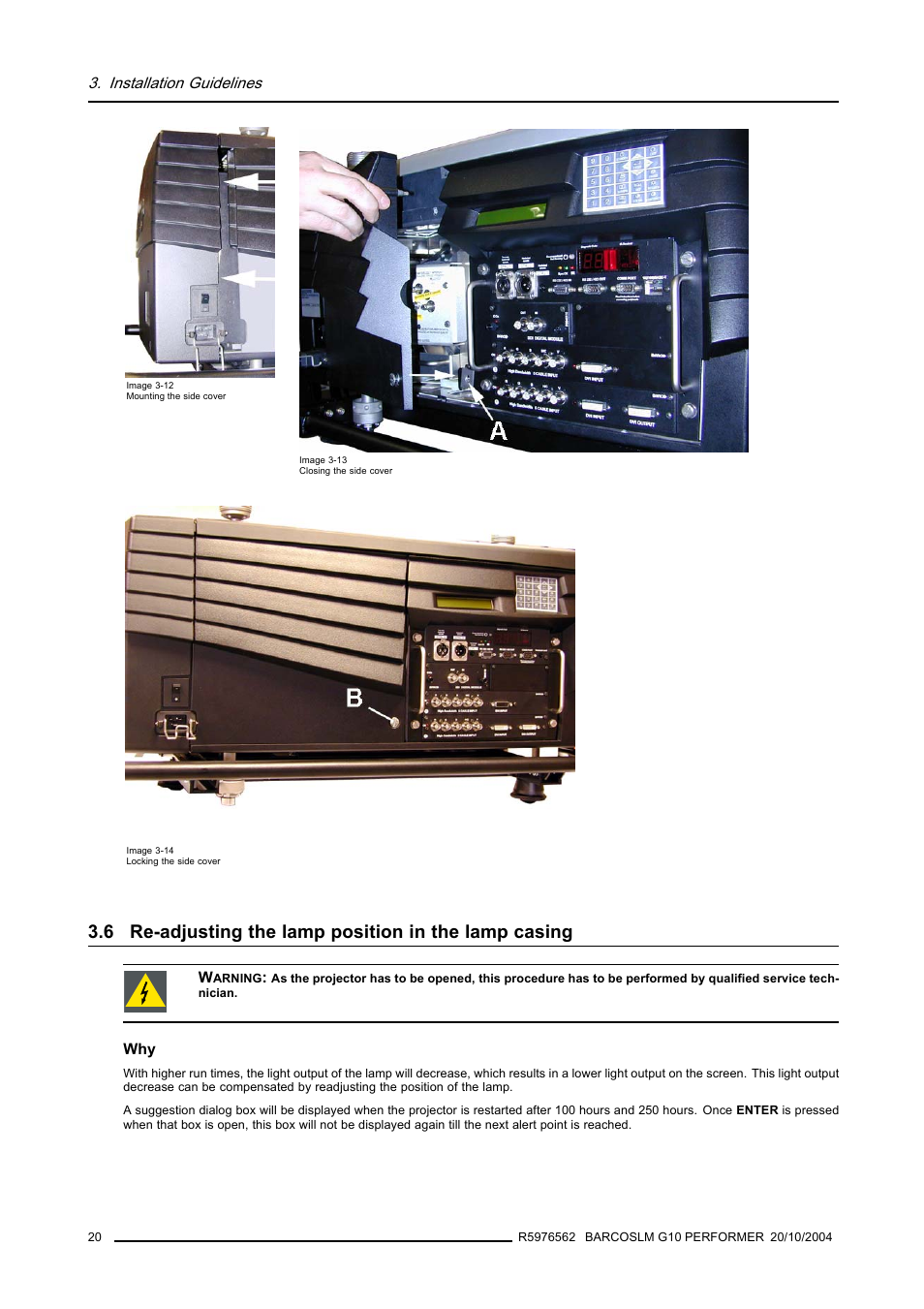 Re-adjusting the lamp position in the lamp casing | Barco R5976562 User Manual | Page 24 / 135