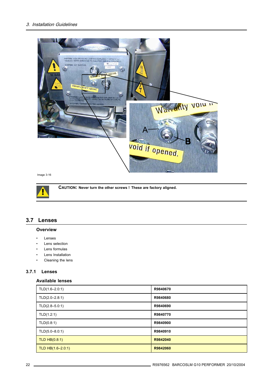 7 lenses, 1 lenses, Lenses | Image 3-16)on, Image 3-16)with | Barco R5976562 User Manual | Page 26 / 135