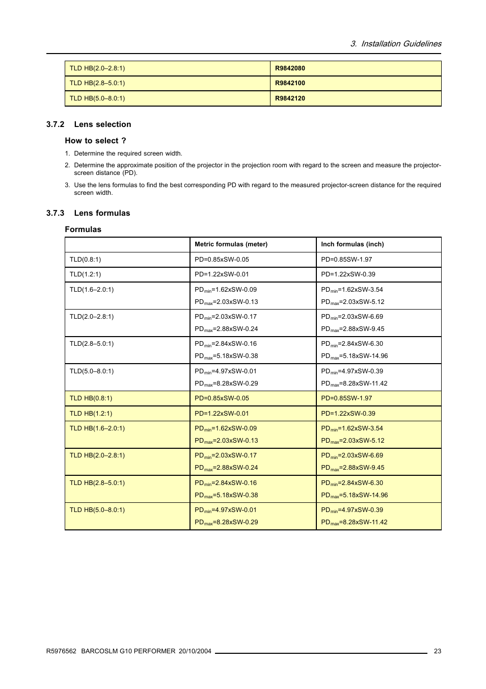 2 lens selection, 3 lens formulas, Lens selection | Lens formulas, Installation guidelines, 2 lens selection how to select, 3 lens formulas formulas | Barco R5976562 User Manual | Page 27 / 135