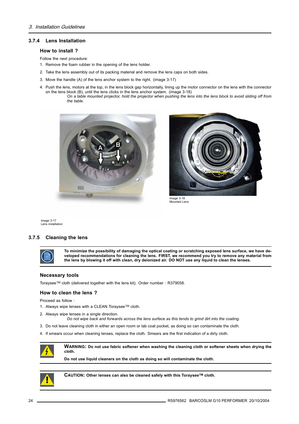 4 lens installation, 5 cleaning the lens, Lens installation | Cleaning the lens, Installation guidelines | Barco R5976562 User Manual | Page 28 / 135