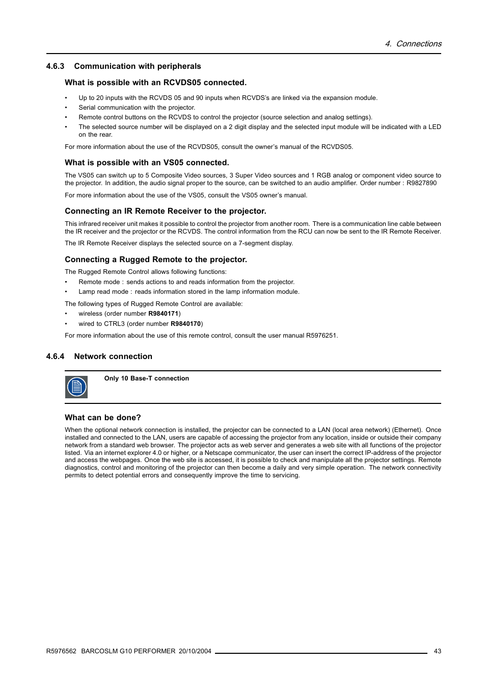 3 communication with peripherals, 4 network connection, Communication with peripherals | Network connection | Barco R5976562 User Manual | Page 47 / 135