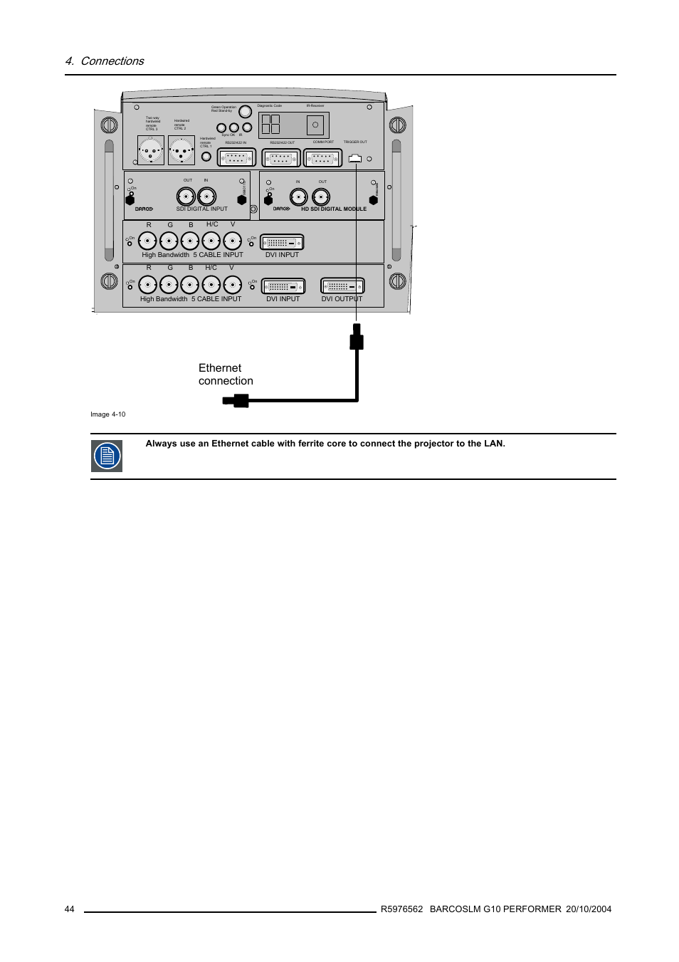 Connections, Ethernet connection | Barco R5976562 User Manual | Page 48 / 135