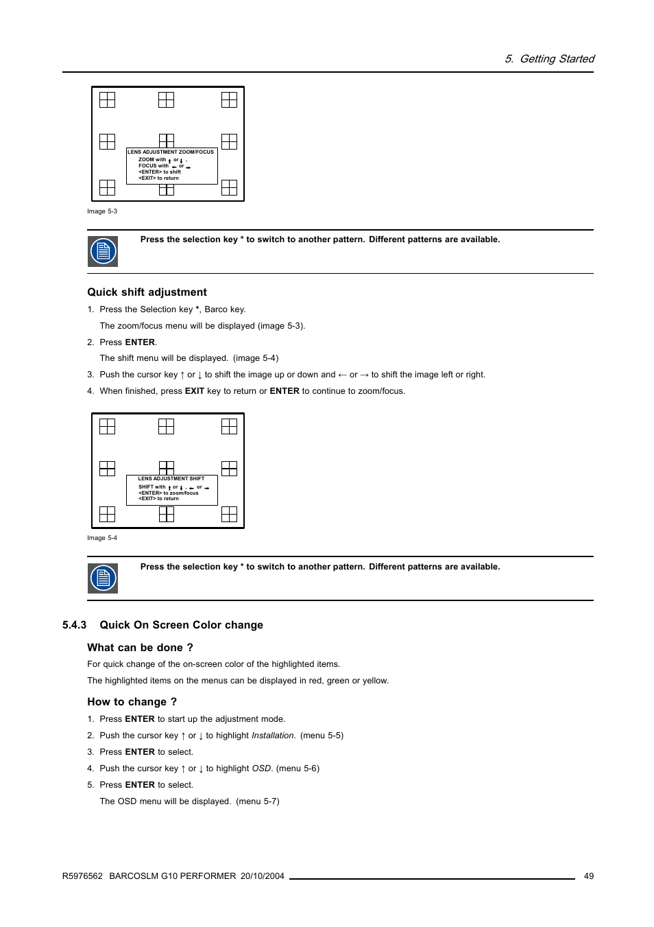 3 quick on screen color change, Quick on screen color change, Image 5-3) | Getting started | Barco R5976562 User Manual | Page 53 / 135