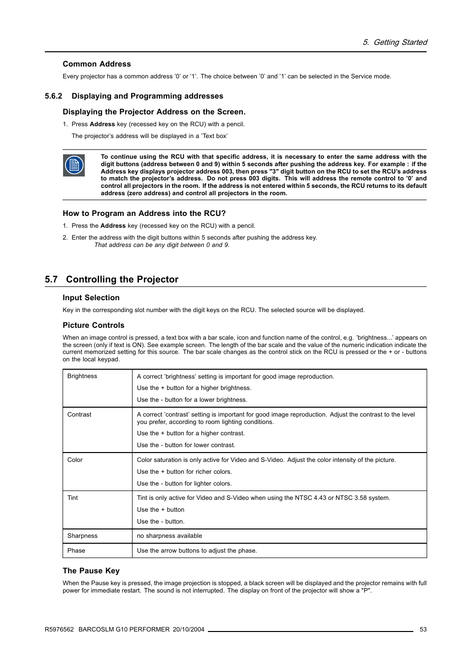 2 displaying and programming addresses, 7 controlling the projector, Displaying and programming addresses | Controlling the projector | Barco R5976562 User Manual | Page 57 / 135