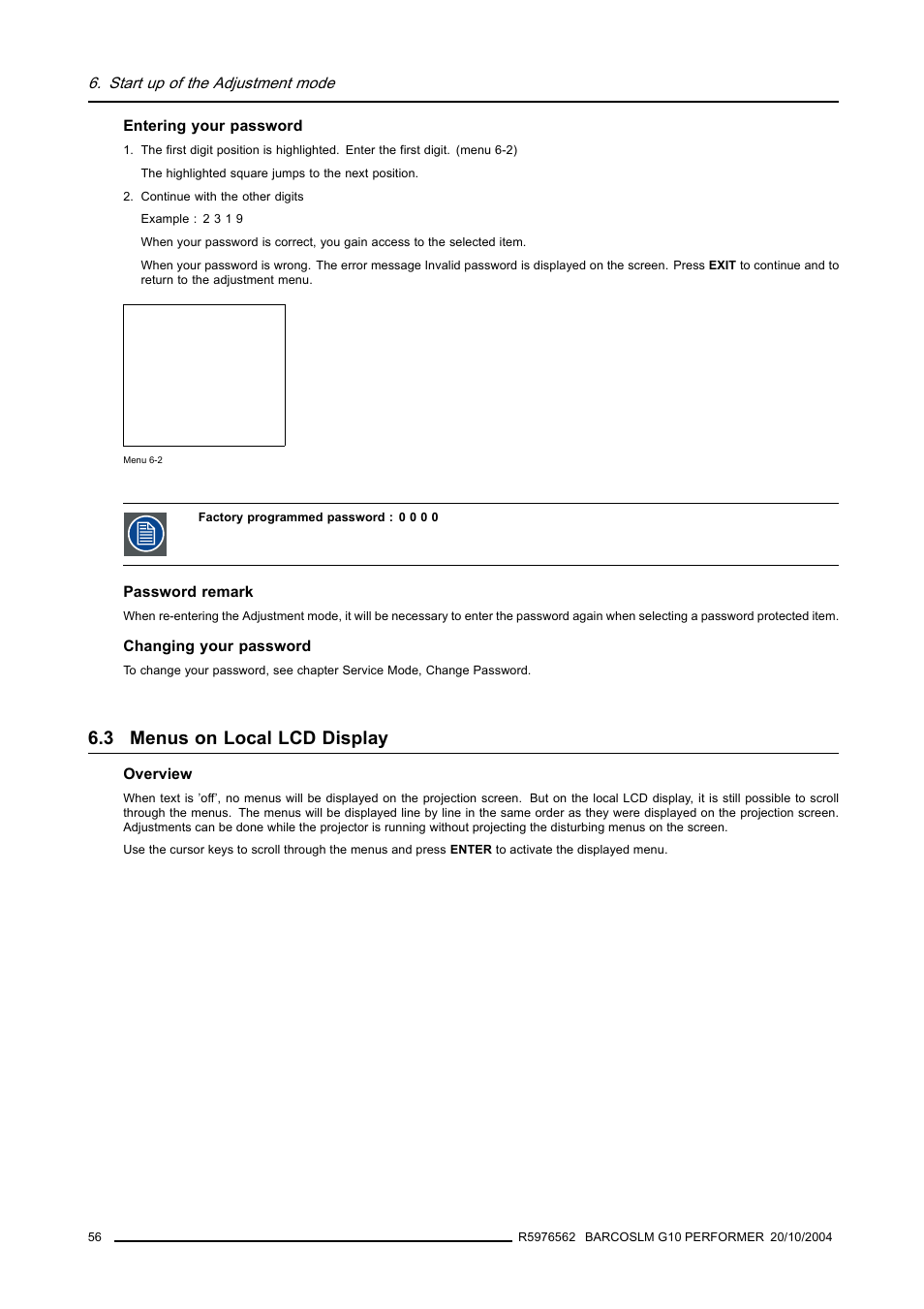 3 menus on local lcd display, Menus on local lcd display, Start up of the adjustment mode | Barco R5976562 User Manual | Page 60 / 135