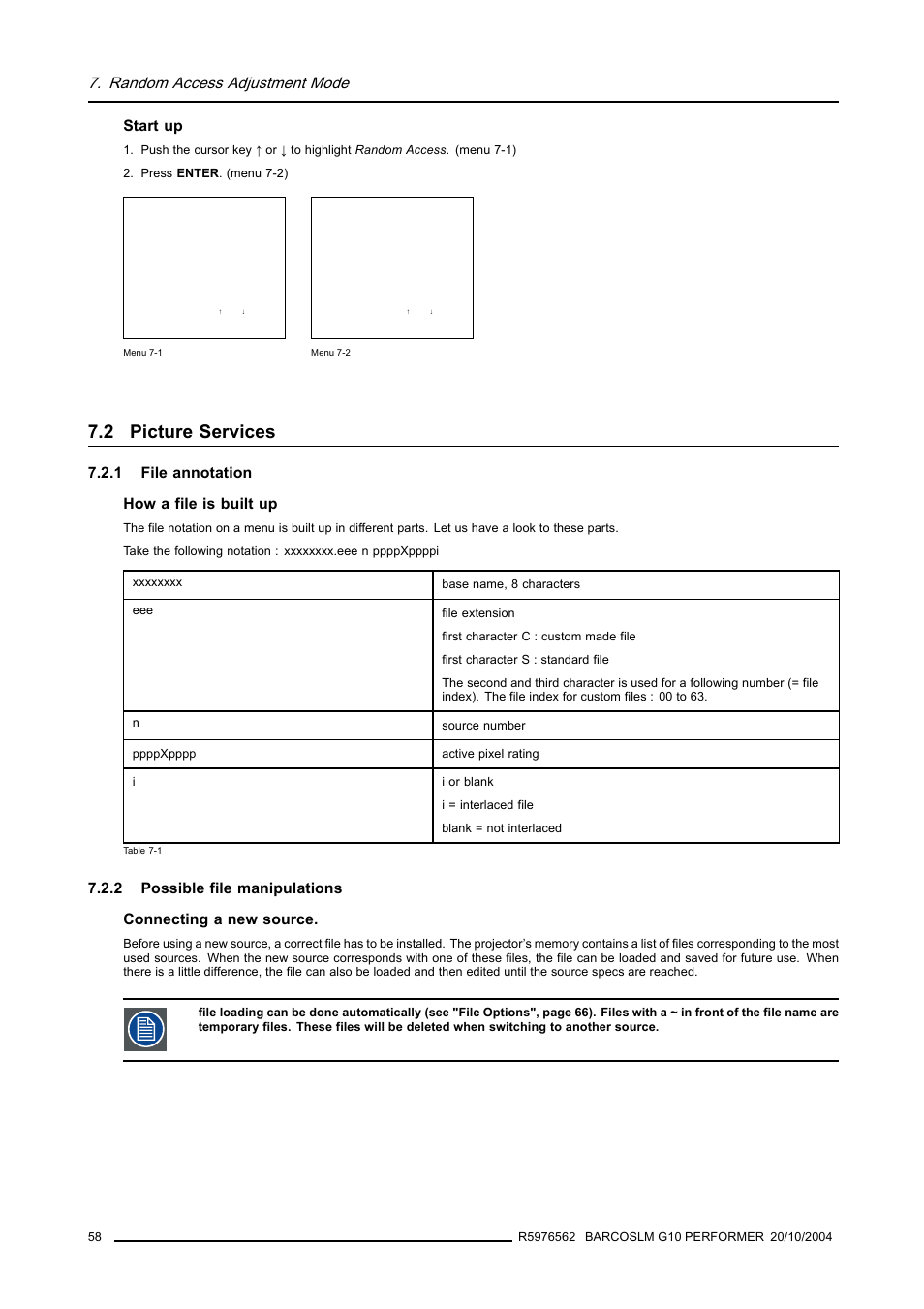 2 picture services, 1 file annotation, 2 possible file manipulations | Picture services, File annotation, Possible file manipulations, Random access adjustment mode, Start up, 1 file annotation how a file is built up | Barco R5976562 User Manual | Page 62 / 135