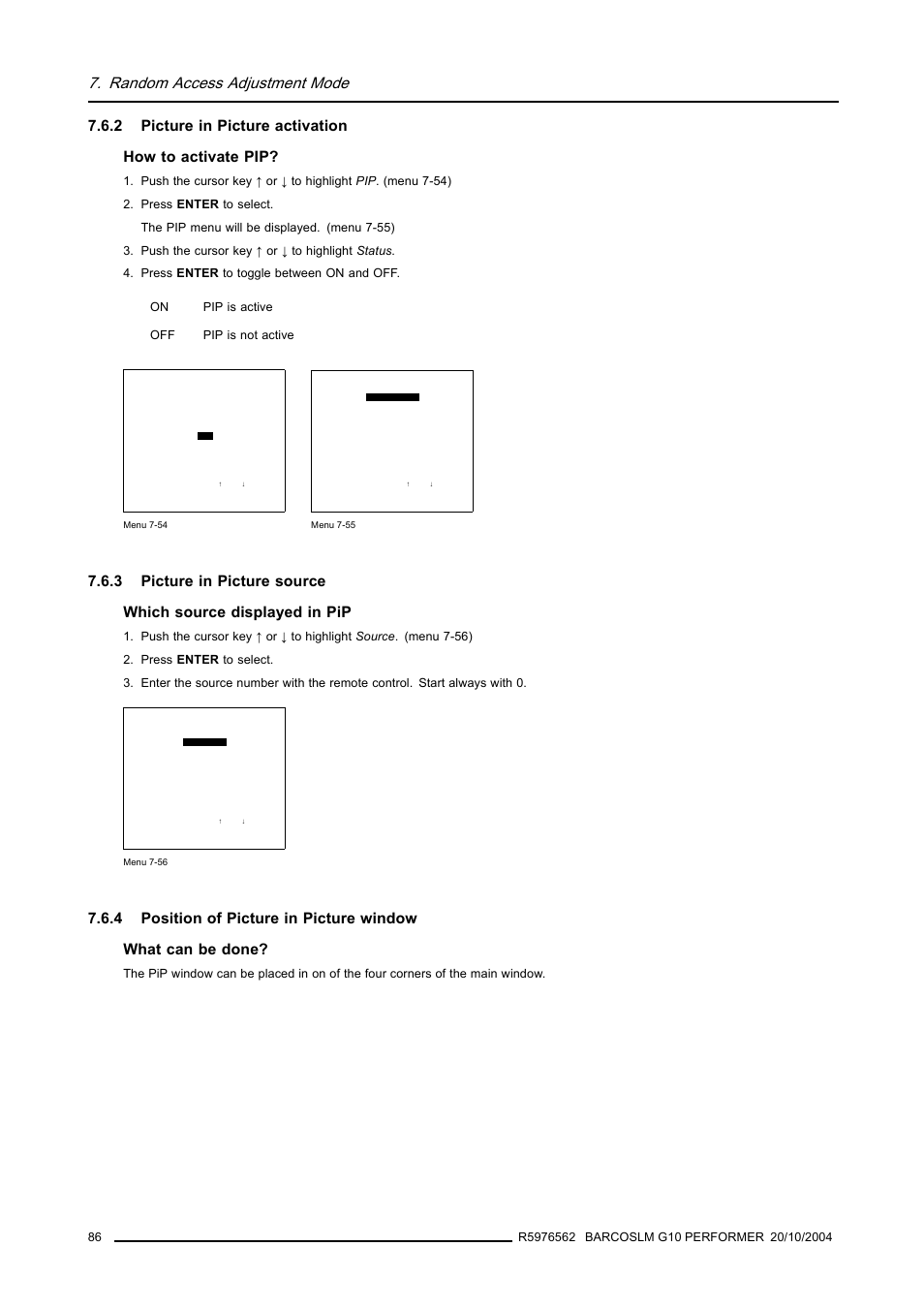 2 picture in picture activation, 3 picture in picture source, 4 position of picture in picture window | Picture in picture activation, Picture in picture source, Position of picture in picture window, Random access adjustment mode | Barco R5976562 User Manual | Page 90 / 135