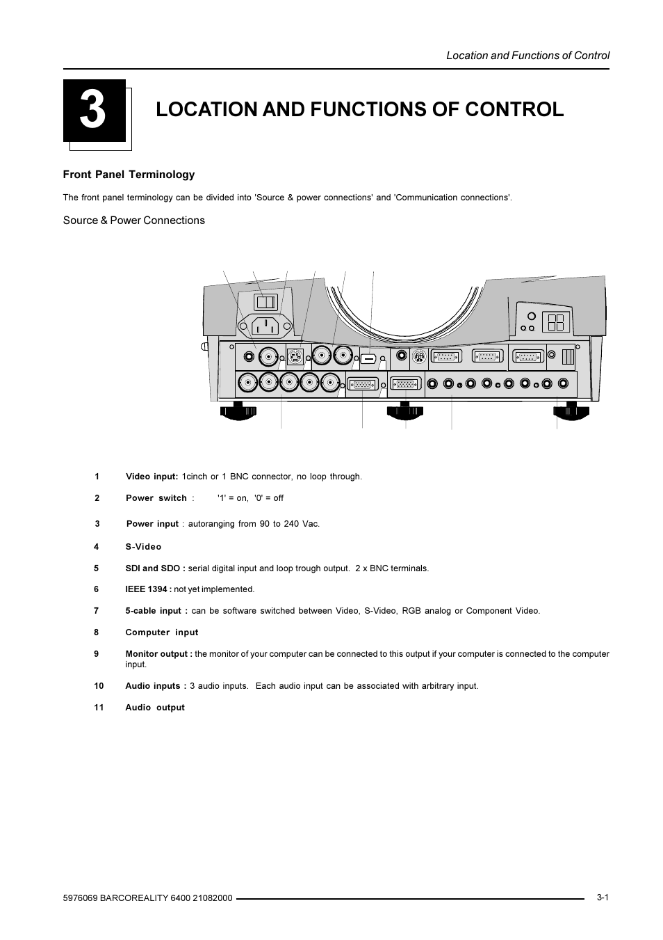 Location and functions of control, Front panel terminology, Source & power connections | Barco R9001769 User Manual | Page 10 / 57