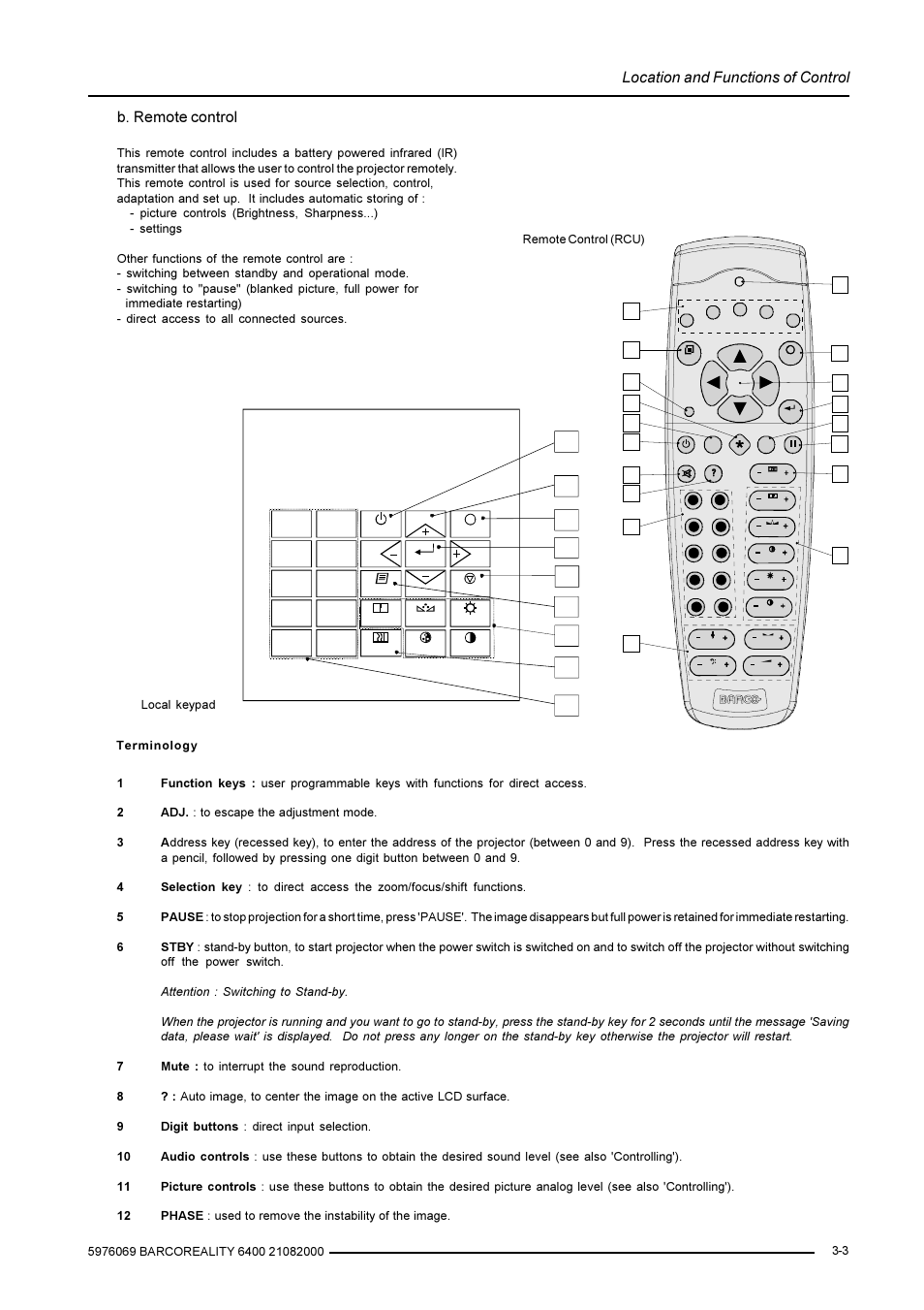 Location and functions of control, B. remote control | Barco R9001769 User Manual | Page 12 / 57