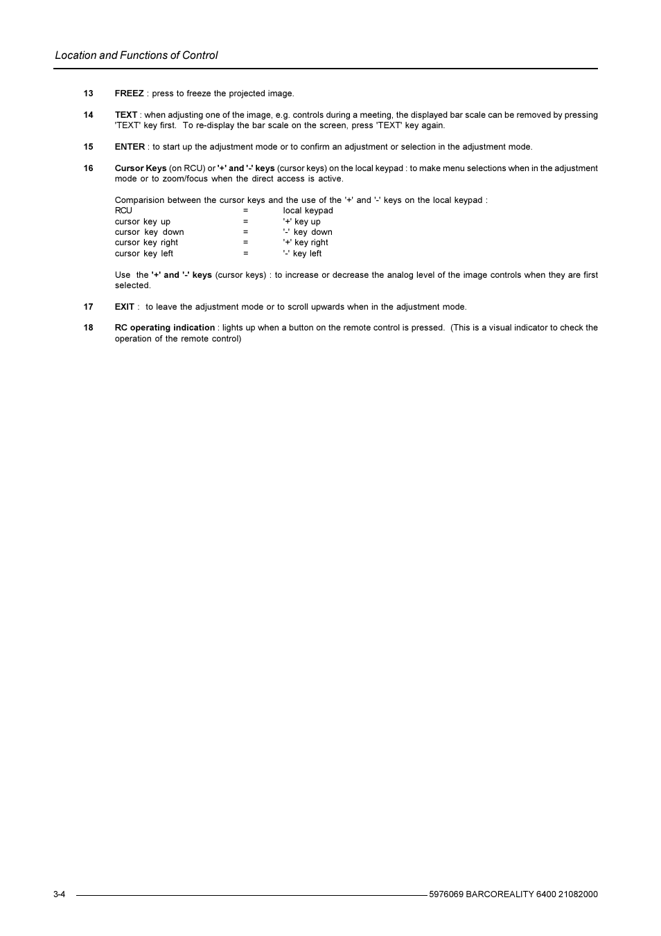 Location and functions of control | Barco R9001769 User Manual | Page 13 / 57