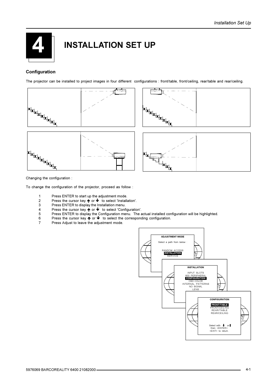 Installation set up, Configuration | Barco R9001769 User Manual | Page 14 / 57