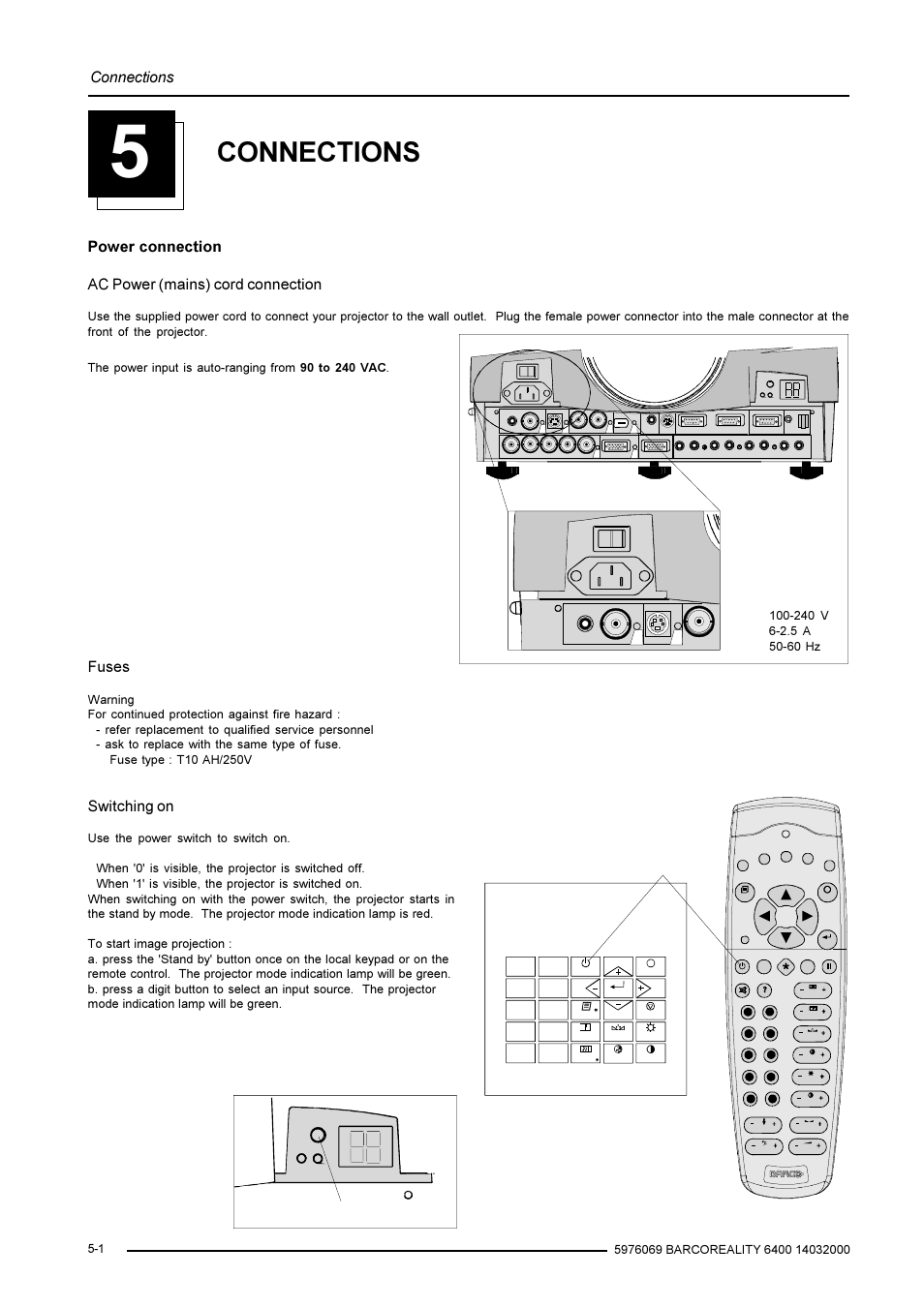 Connections, Projector mode indication, Fuses | Switching on, Power connection ac power (mains) cord connection, Stand-by key | Barco R9001769 User Manual | Page 15 / 57