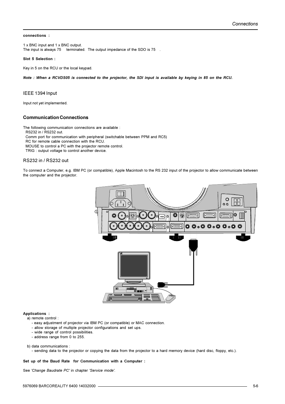 Connections, Ieee 1394 input, Communication connections | Rs232 connection | Barco R9001769 User Manual | Page 20 / 57