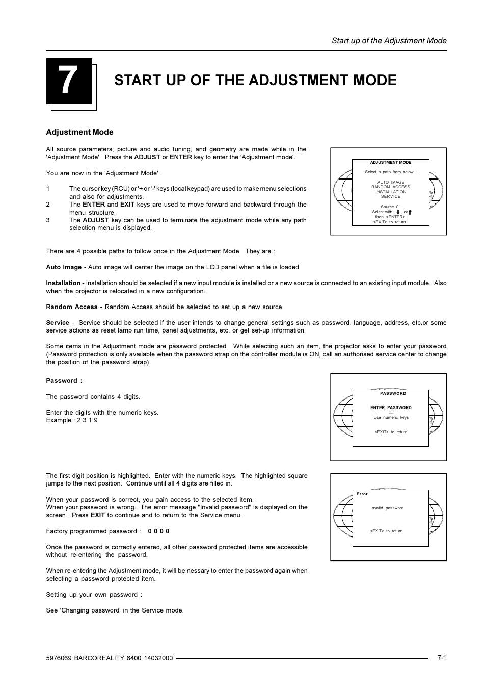 Start up of the adjustment mode, Adjustment mode | Barco R9001769 User Manual | Page 26 / 57