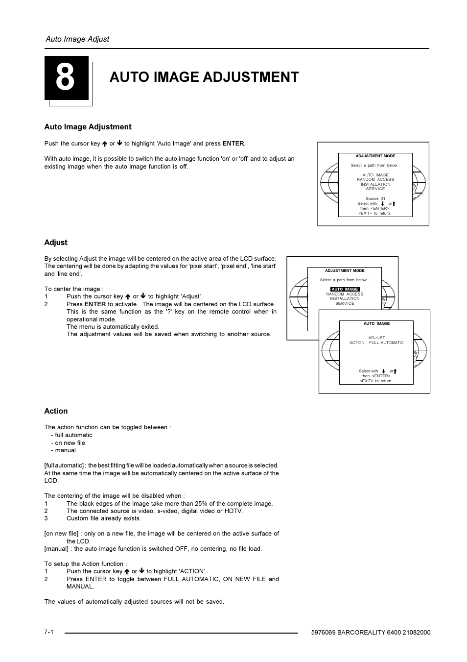 Auto image adjustment, Auto image adjust, Adjust | Action | Barco R9001769 User Manual | Page 27 / 57