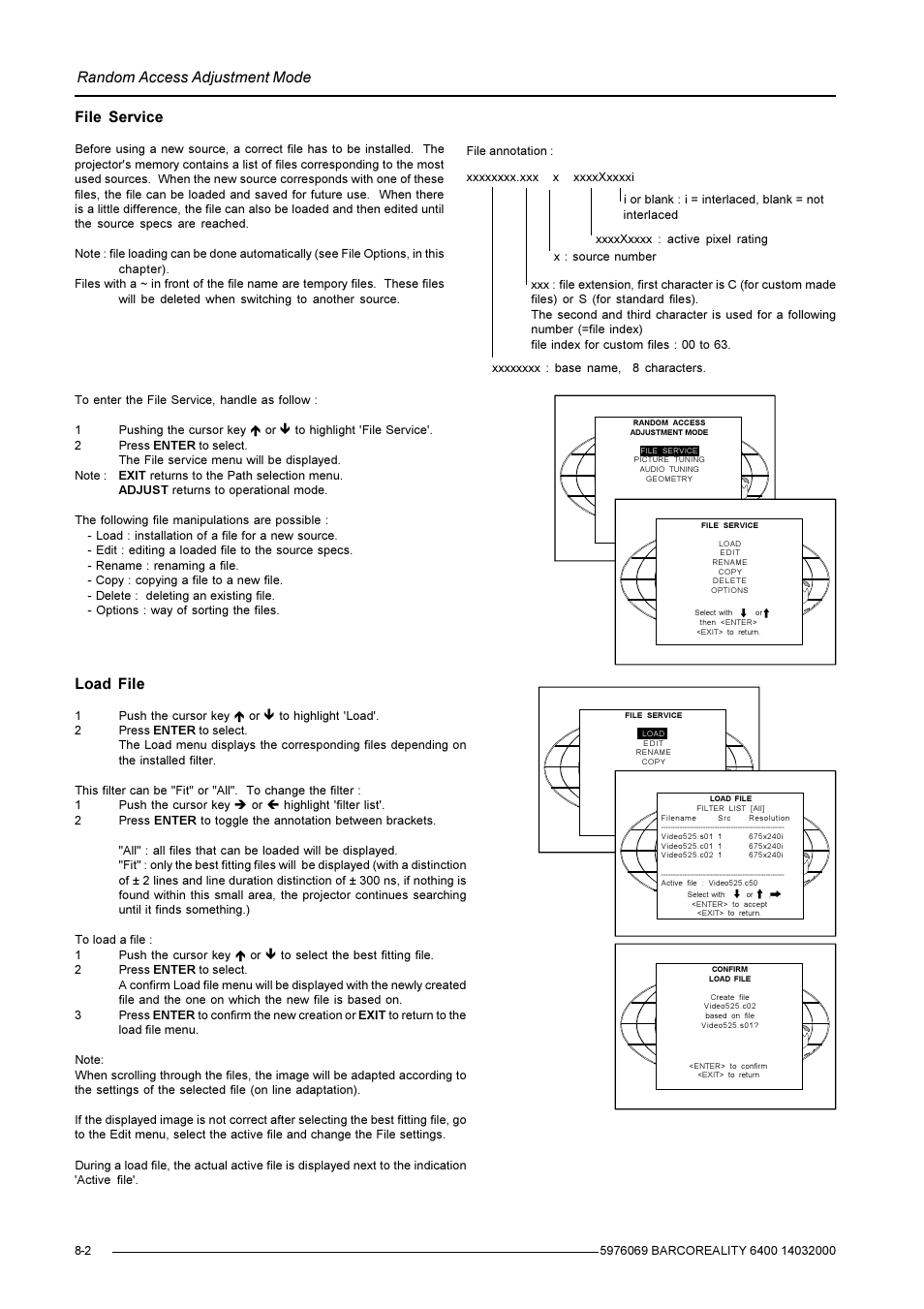 Random access adjustment mode, Load file, File service | Barco R9001769 User Manual | Page 29 / 57