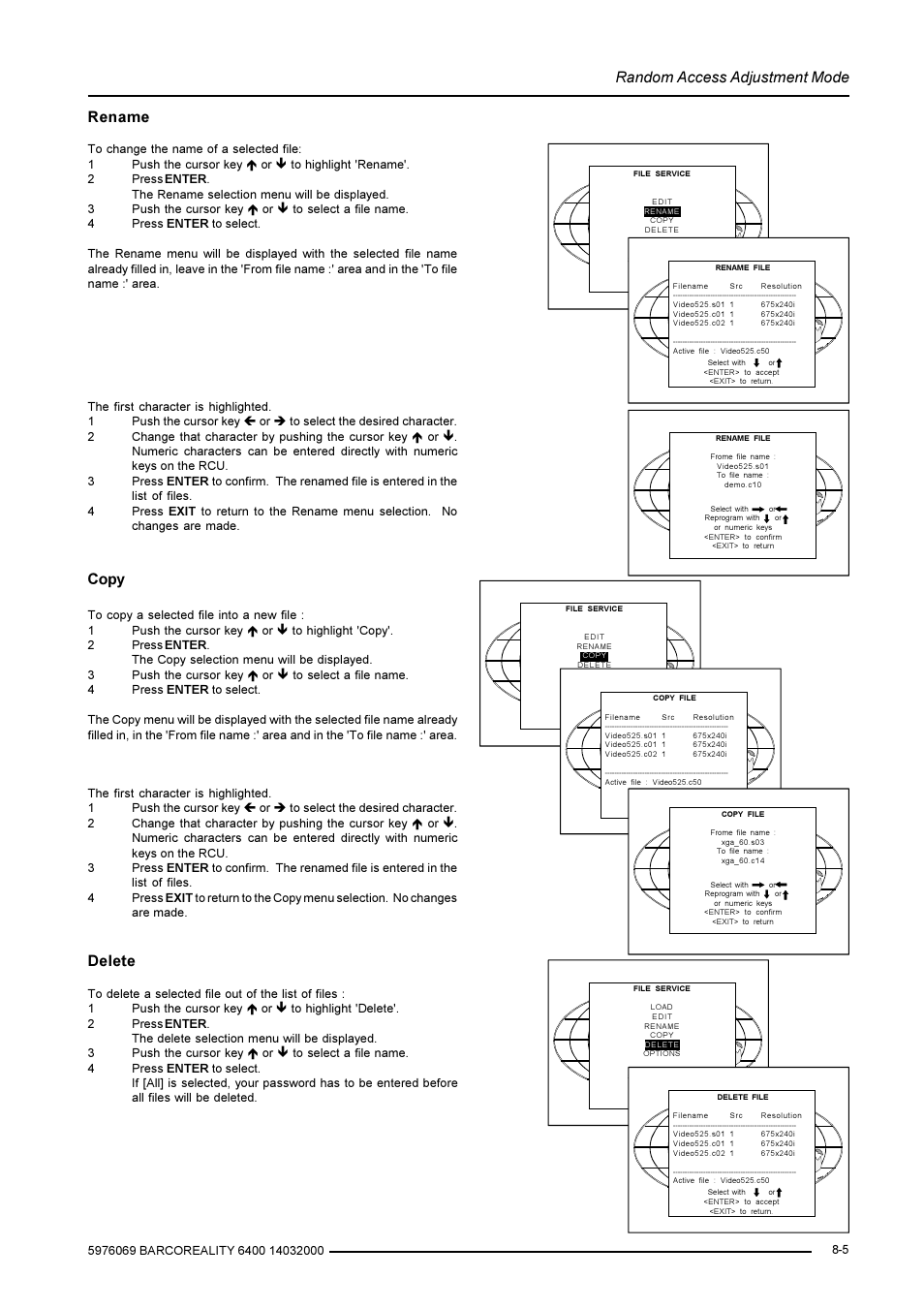 Random access adjustment mode, Rename, Copy | Delete | Barco R9001769 User Manual | Page 32 / 57