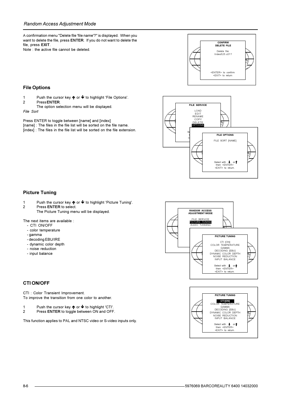 Random access adjustment mode, File options, Picture tuning | Cti on/off | Barco R9001769 User Manual | Page 33 / 57