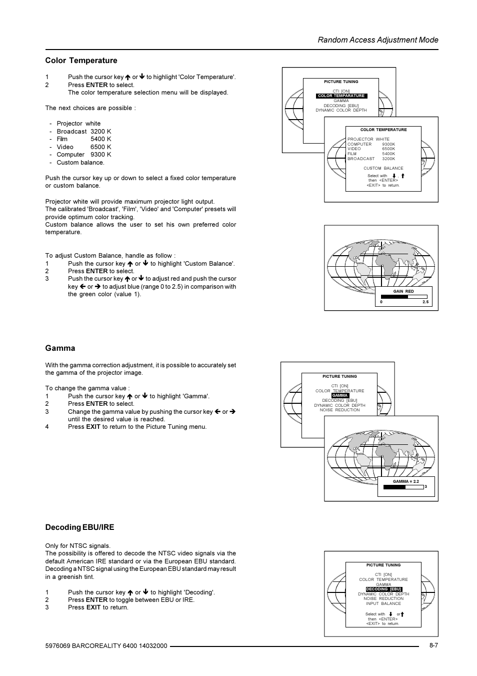 Random access adjustment mode, Color temperature, Gamma | Decoding ebu/ire | Barco R9001769 User Manual | Page 34 / 57