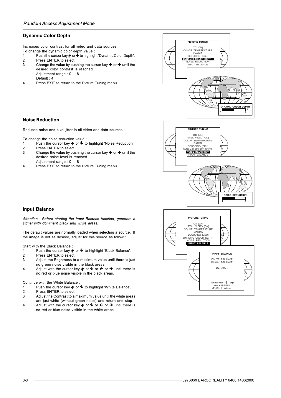 Random access adjustment mode, Dynamic color depth, Noise reduction | Input balance | Barco R9001769 User Manual | Page 35 / 57